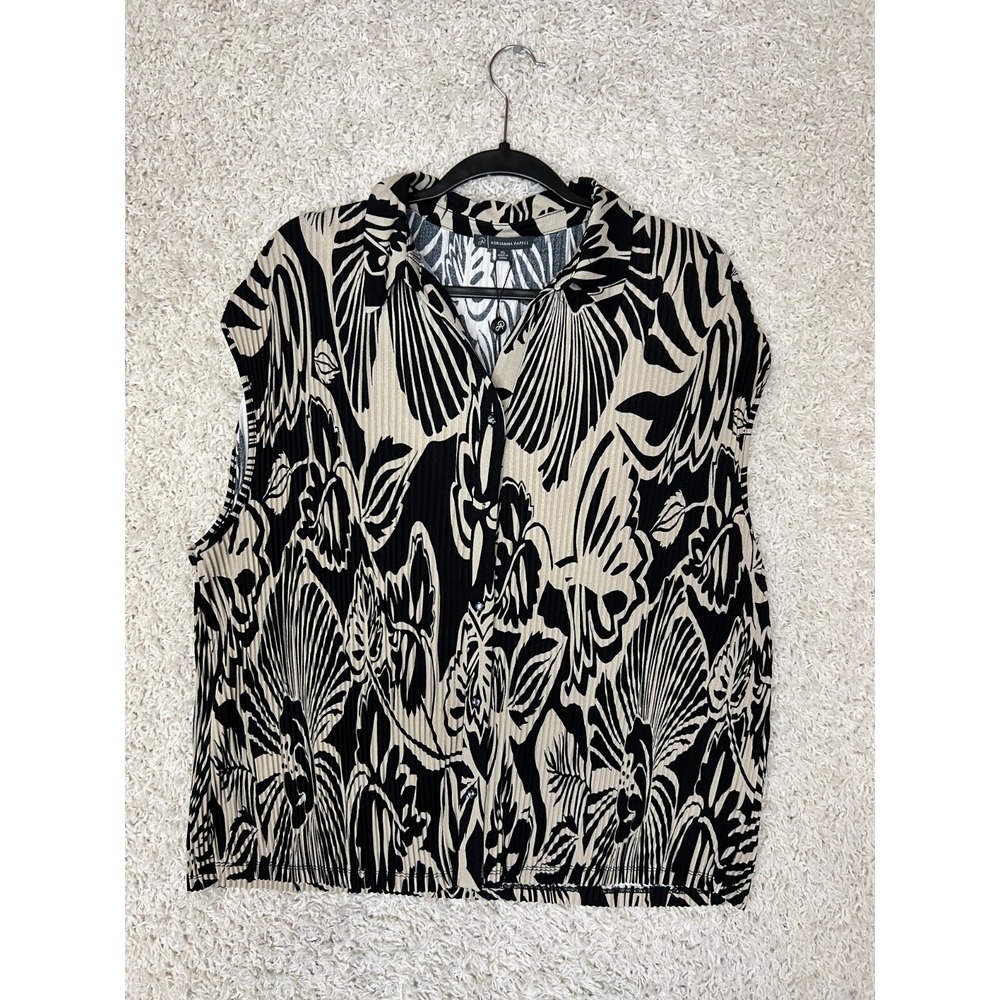 Adrianna Papell Blouse Womens XL Black V Neck Pleated Crepe Career Travel